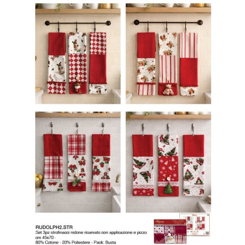 Confezione 3 strofinacci rudolph fantasia assortita