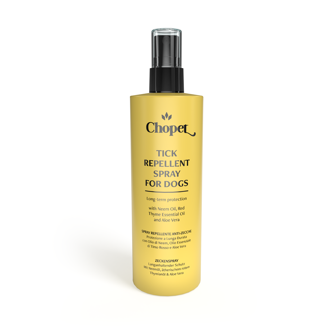 Repellente spray anti-zecche per cani - 150 ml
150 ml | Arricchito con Olio di Neem, Olio Essenziale di Timo Rosso e Aloe Vera